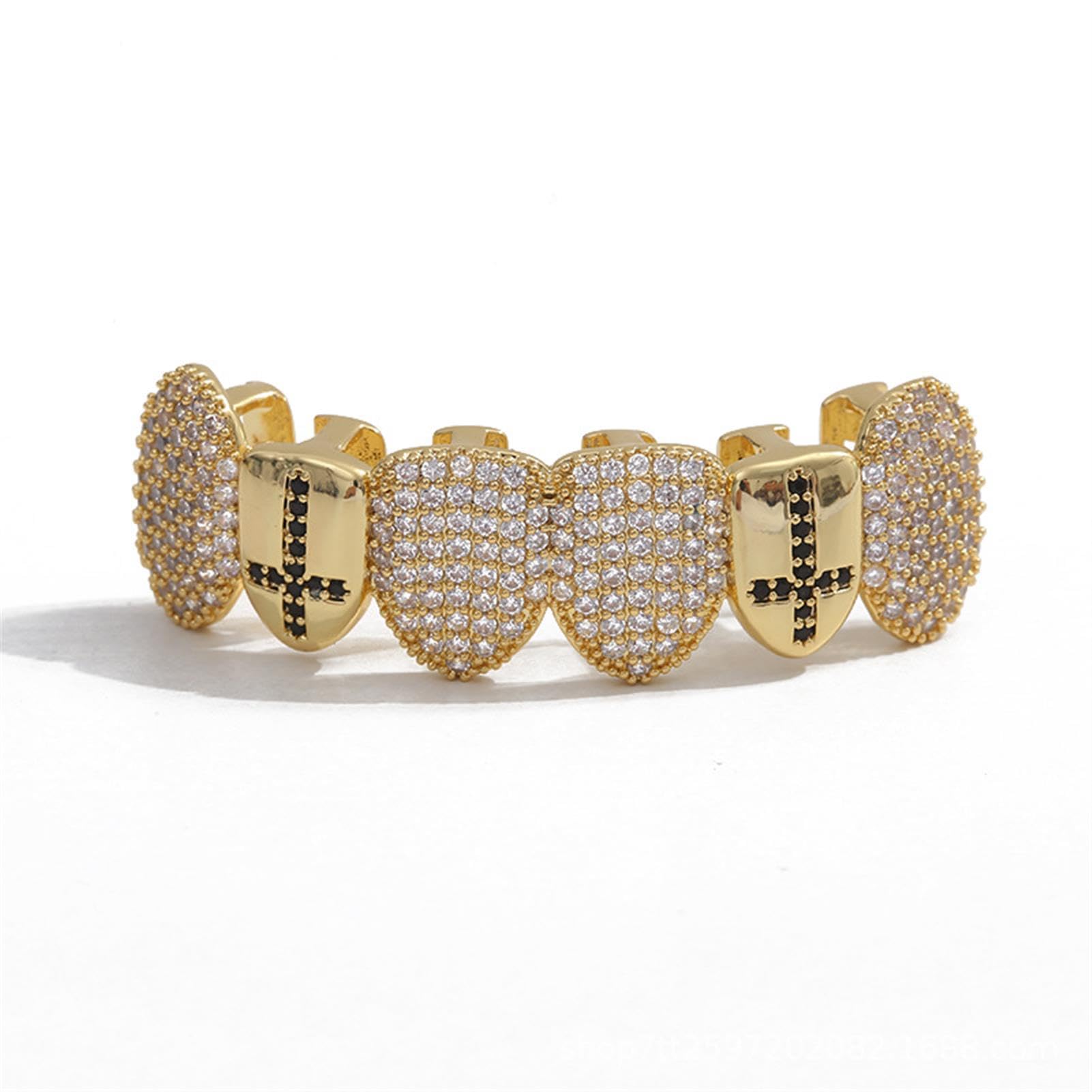 Generic Męski hip-hop krzyż złoty zestaw zębów pozłacane 18-karatowym złotem luksusowe zęby Grillz Iced Out 5A cyrkon do kostiumu rapera cosplay, złoty, zestaw