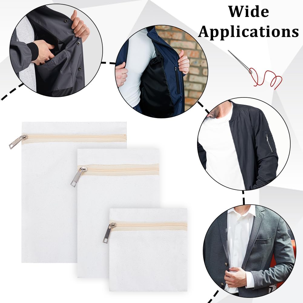 PLIGREAT 3 Pcs Sew-in Side Pocket with Zipper, White Coat Inside Pockets Canvas Hidden Wallet Sew in Pockets for Travel Outdoor Daily Wear Clothing Coats Sweat Shirts Jacket, 3 Sizes