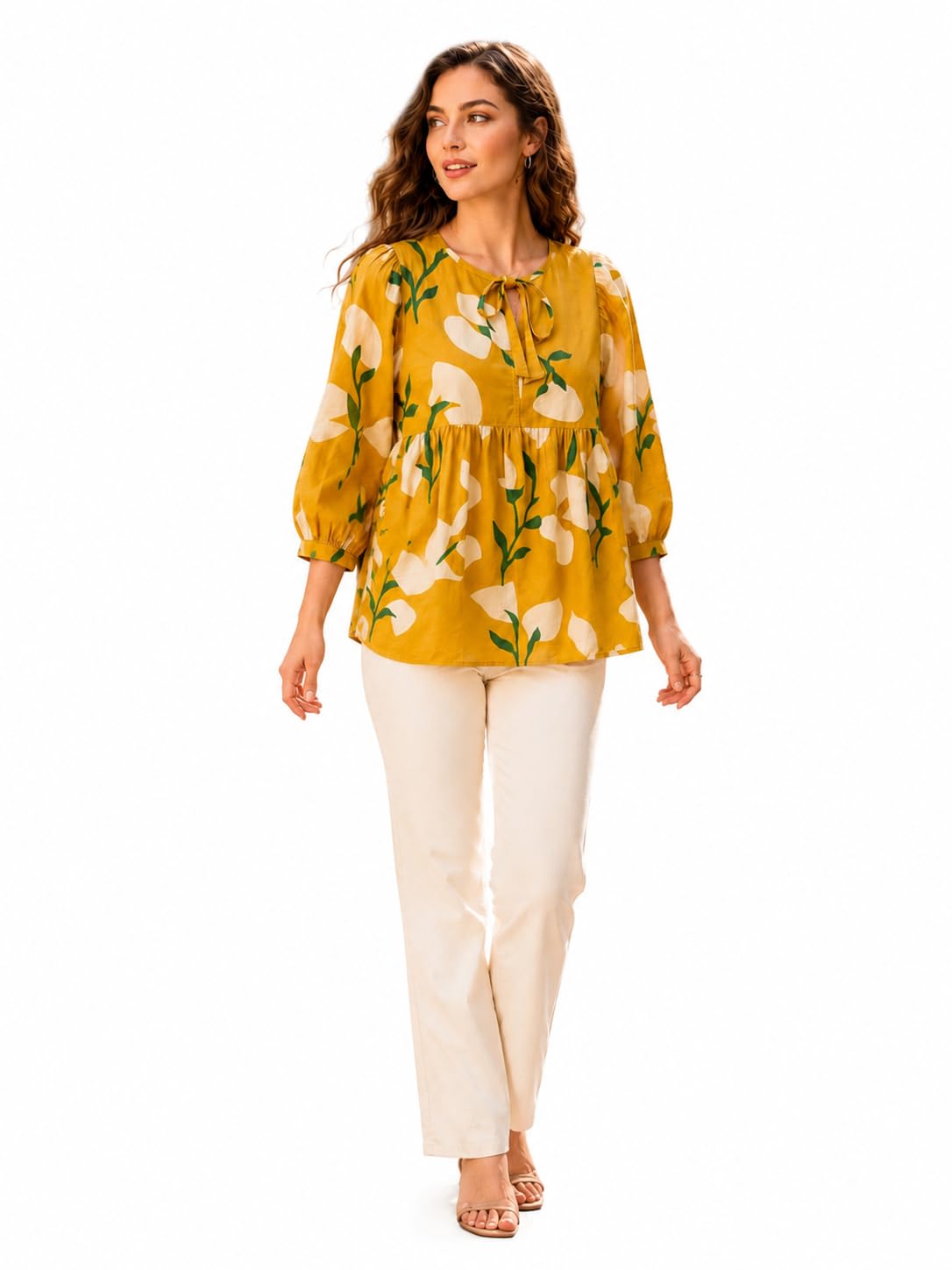 Women's Rayon Floral Printed Peplum Top | Tie Neck | Full Sleeves | Casual Regular Fit Tunic Top for Women | Yellow Floral Printed Long Top Size- S,M,L,XL,XXL-picture-35