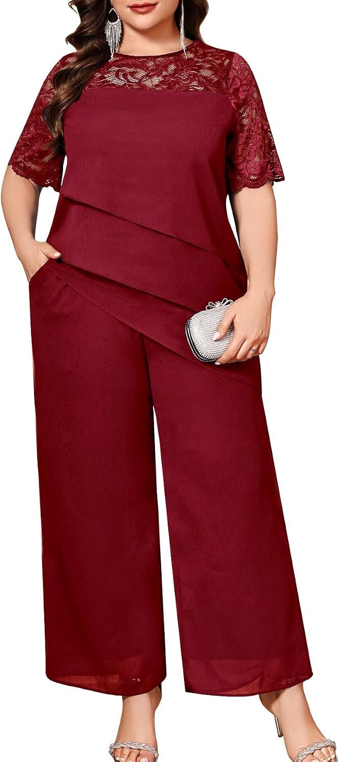 Plus Size Mother of the Bride Pant Suits Lace Chiffon 2 Piece Sets Formal Wedding Guest Cocktail Dressy Outfits