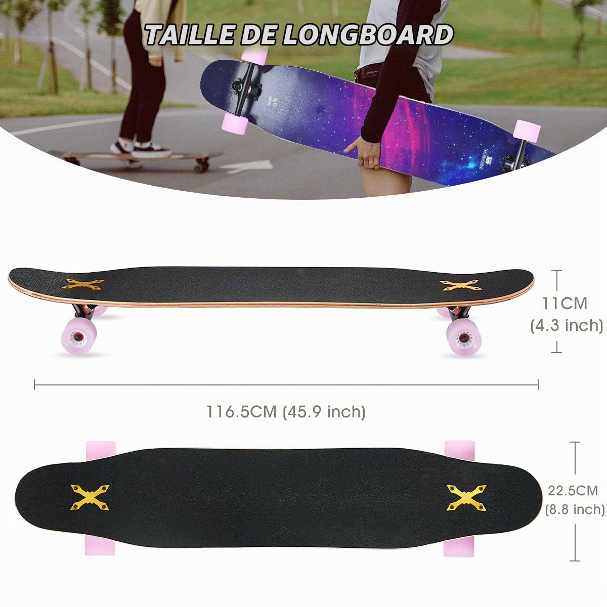 Longboard Adulte Skateboard Complètes,117x23 cm,Planche de Skate avec Roues LED Clignotantes,8 Couches de Bois D'érable Pont,Longboard Dancing Cruiser pour Débutants