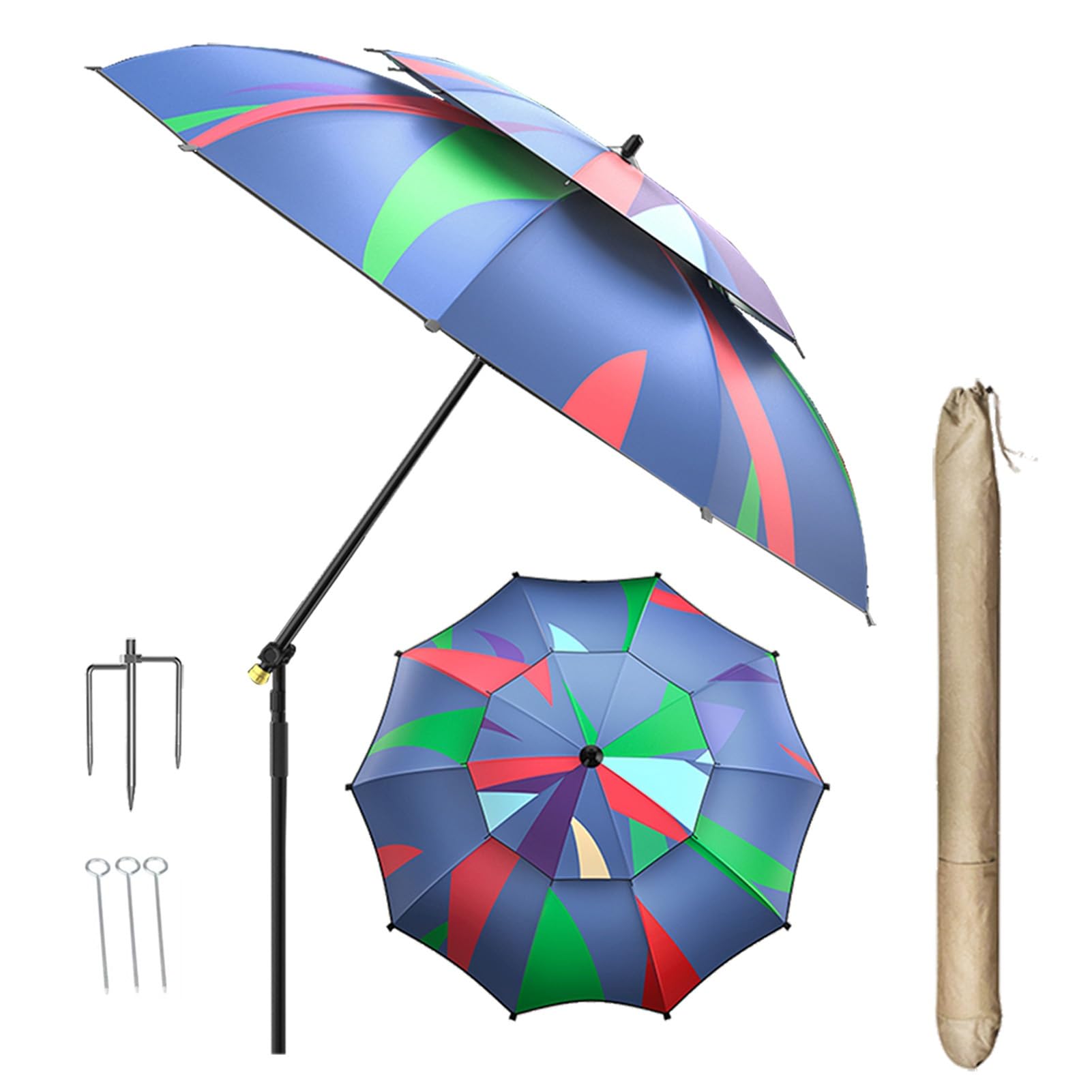 Przenośny Kolorowy Kempingowy Parasol Przeciwsłoneczny, 220 cm Regulowany Wędkarski Parasol, Parasol Golfowy PUF 50+ z Kotwicą