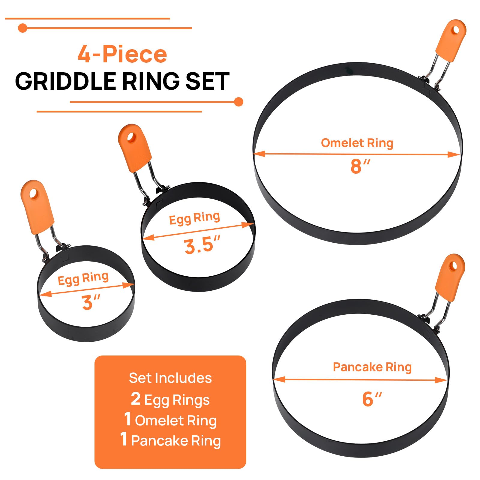 Anillos de huevo para freír huevos a la plancha mejorados, 4 paquetes, moldeadores de panqueques con mango de silicona naranja, moldes antiadherentes para cocinar sándwiches de tortilla de 2