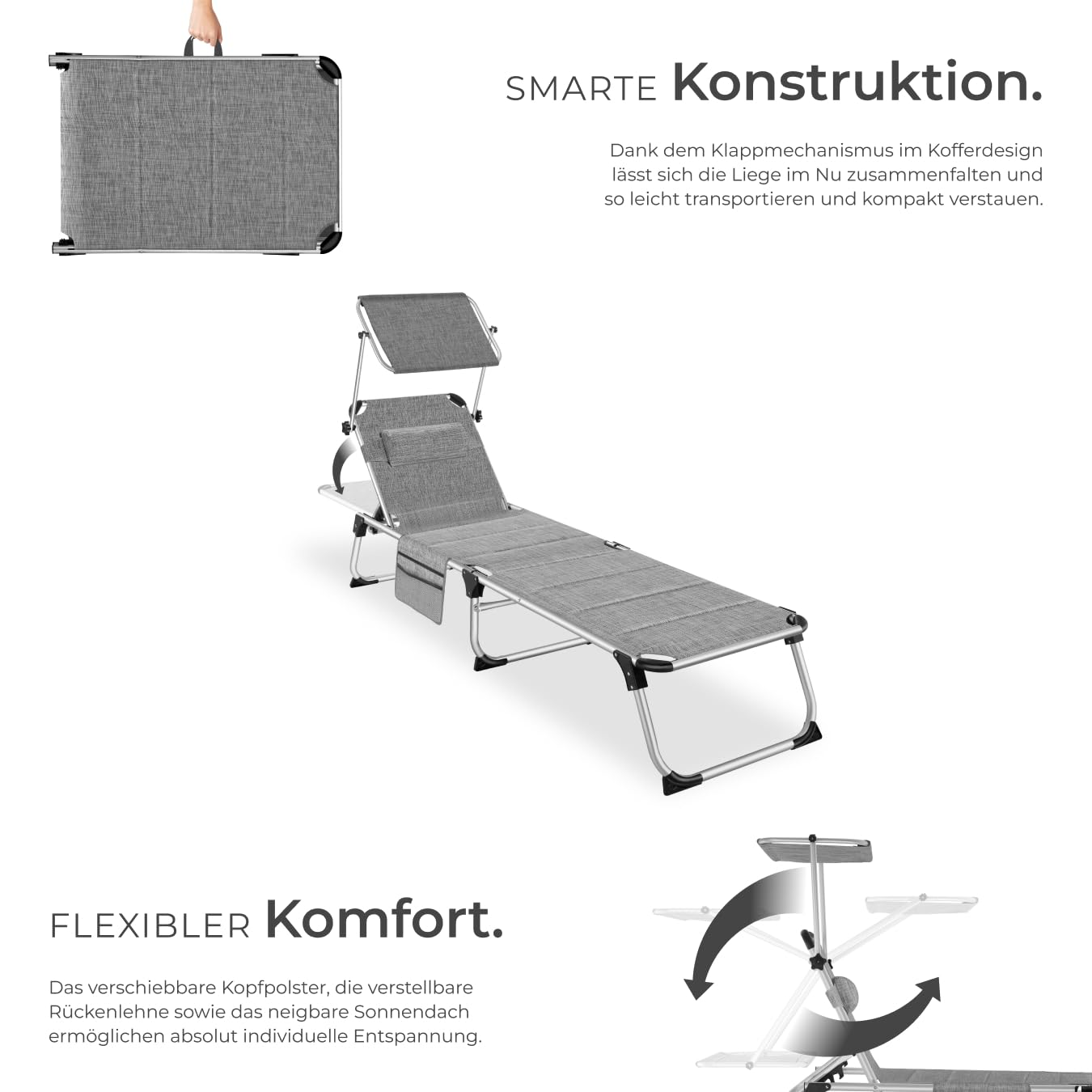 tectake® Sonnenliege mit Dach, Liege klappbar mit Kopfkissen + Seitentasche, zusammenklappbar, leicht tragbar, Aluminium Strandliege, Liegestuhl klappbar für Garten, Sonnenliege Camping - grau-meliert
