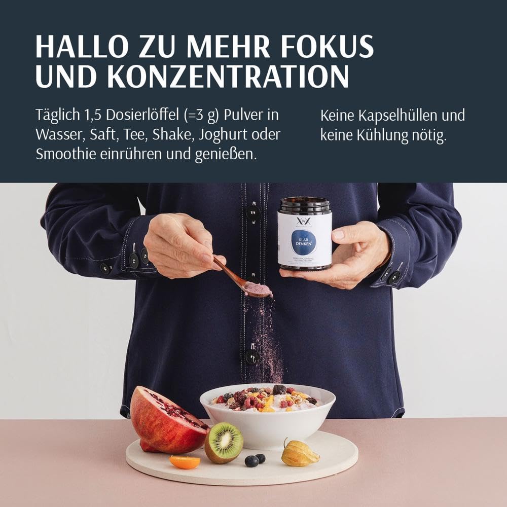 XbyX Klar Denken 90 g | 30 Portionen | Unterstützt Denkleistung, Fokus und Konzentration | Enthält Adaptogene Ginseng, Igelstachelbart & Spirulina | B-Vitamine, Cholin und Zink | Aus Deutschland