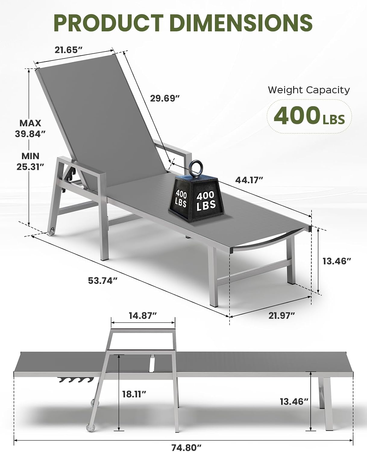 Patio Chaise Lounge Chair Outdoor Set of 2 with Wheels&Armrests, Aluminum Pool Lounge Chairs Five-Position Adjustable Recliner, Outdoor Beach Lounge Chairs for Poolside, Lawn, Deck, Yard, Dark Gray