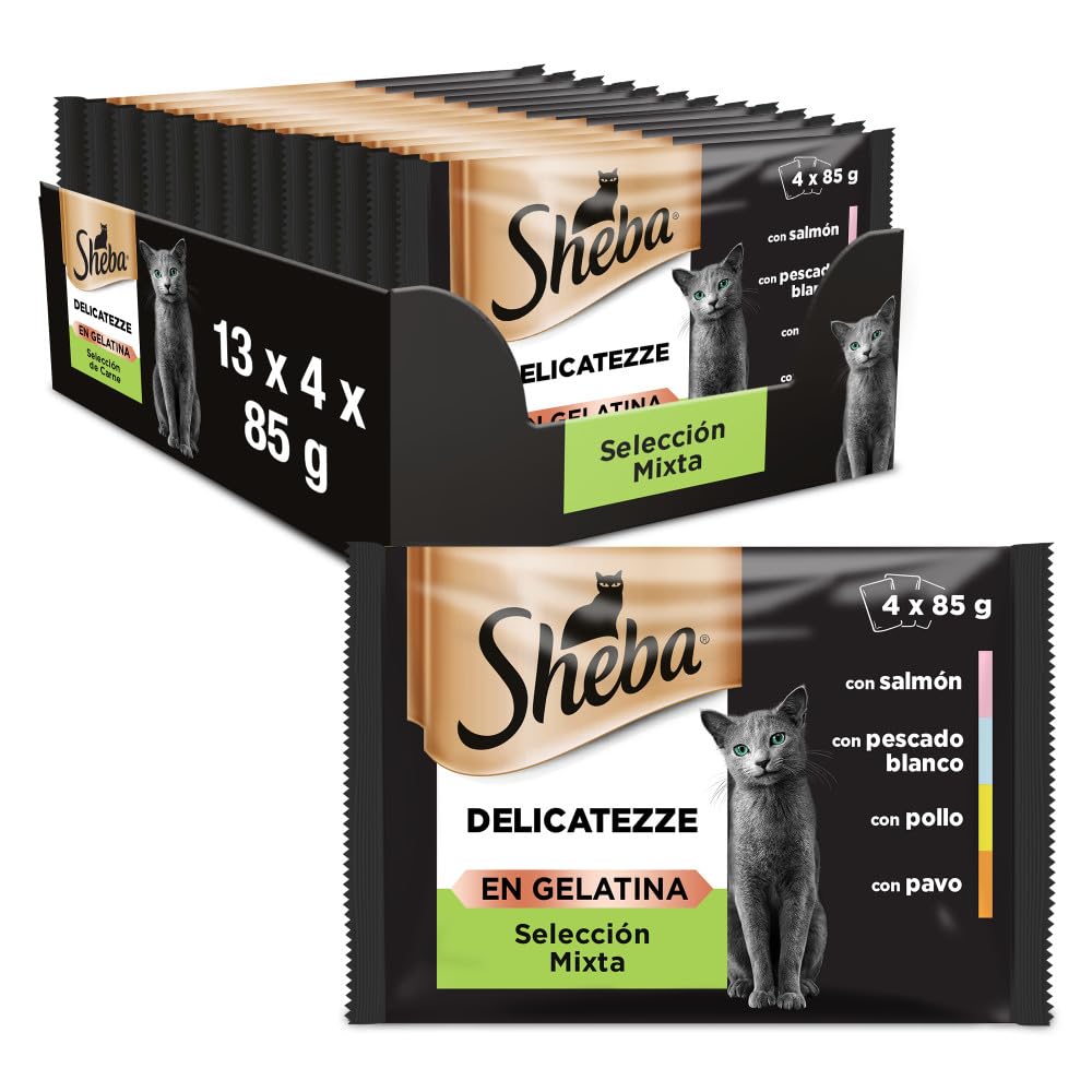 Sheba Delicatezze Comida Húmeda para Gatos Selección Mixta en Gelatina, Pescado, Multipack (13 cajas x 4 sobres x 85 g)