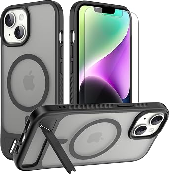 for iPhone 14/13 case [fit for Magsafe] Strong Magnetic & Invisible Stand, Military-Grade Drop Protection with Screen Protector, Adjustable Kickstand Frosted Translucent Matte Phone Case, Black