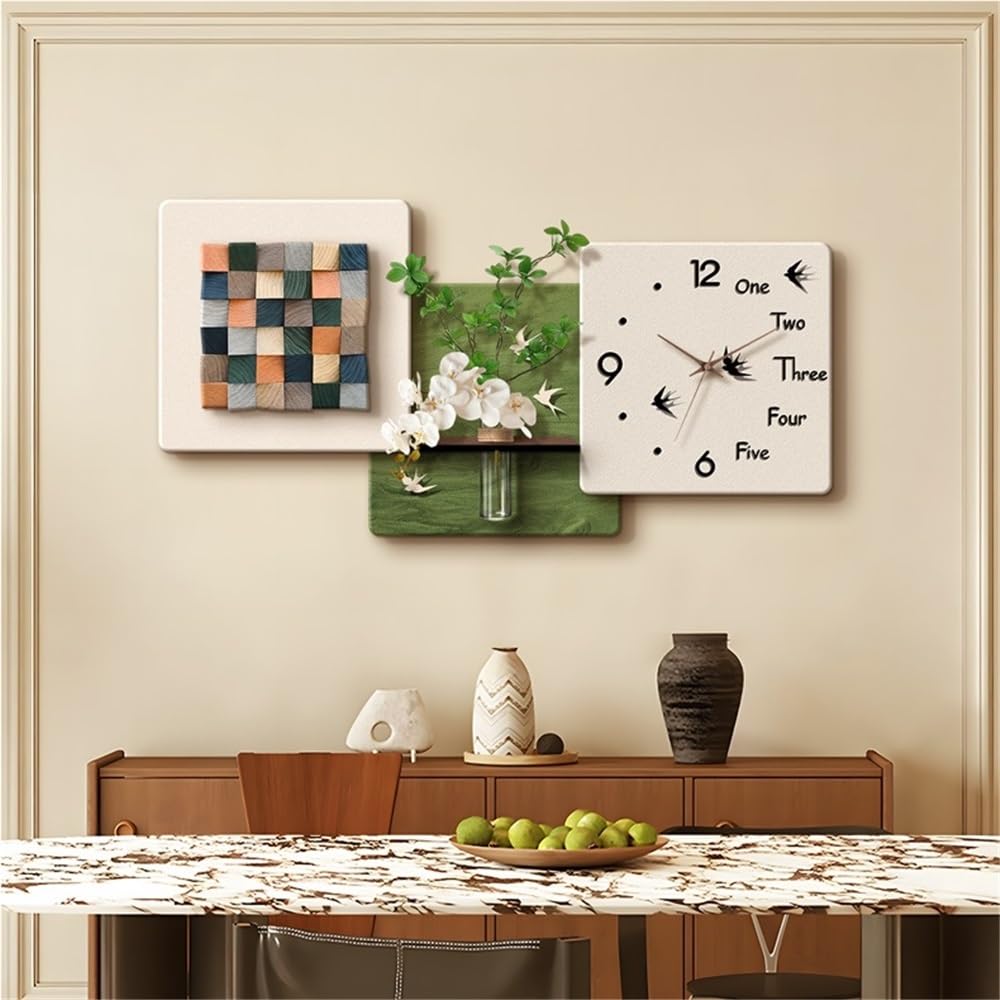 ITOSUI 3D Sandstone Wall Clock, Modern Wall Art with Vase, Exquisite Wall Decor with Clock for Bedroom, Study, Hallway, or Office(Green,19.6in*39.3in)