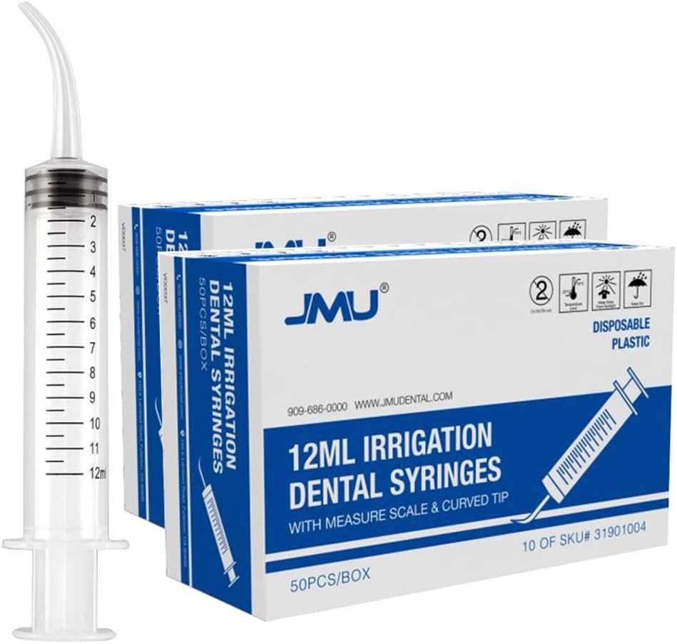 JMU 100 Pcs Dental Irrigation Syringe with Curved Tip, 12cc Wisdom Teeth Syringe with Measurement, Curved Syringes Dental