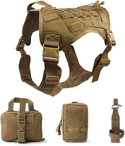 Arnés para perros de servicio táctico, chaleco de entrenamiento para perros con bolsas Molle y soporte para botellas-TAN-L