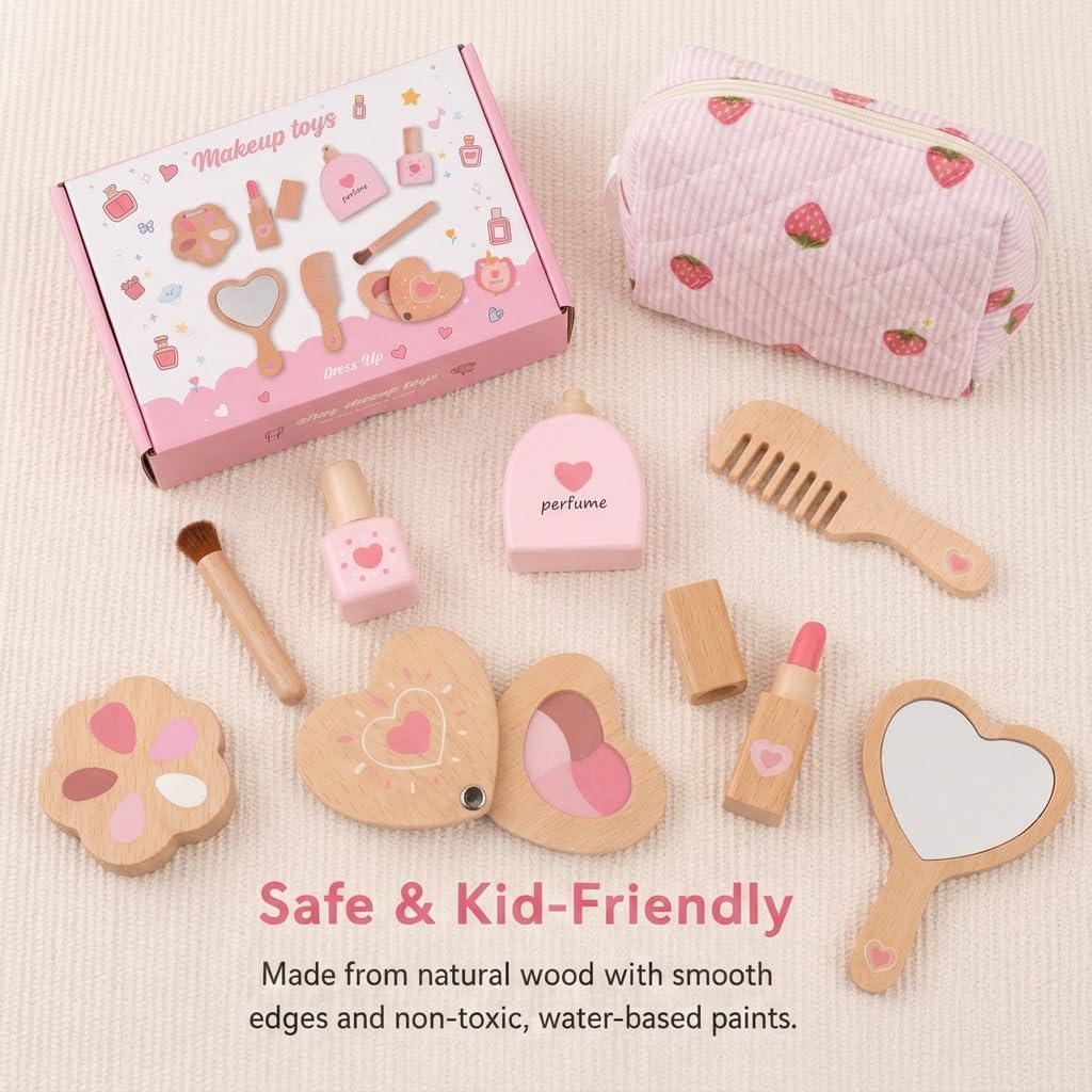 Wooden Pretend Makeup Kit for Toddlers, Non-Toxic Kids Fake Play Make Up Toy Set, Lipstick Perfume Blush Nail Polish Mirror Brush Comb in 1 Bag, Birthday Gift Little Girls Age 2 3 4 5 6 Year Old