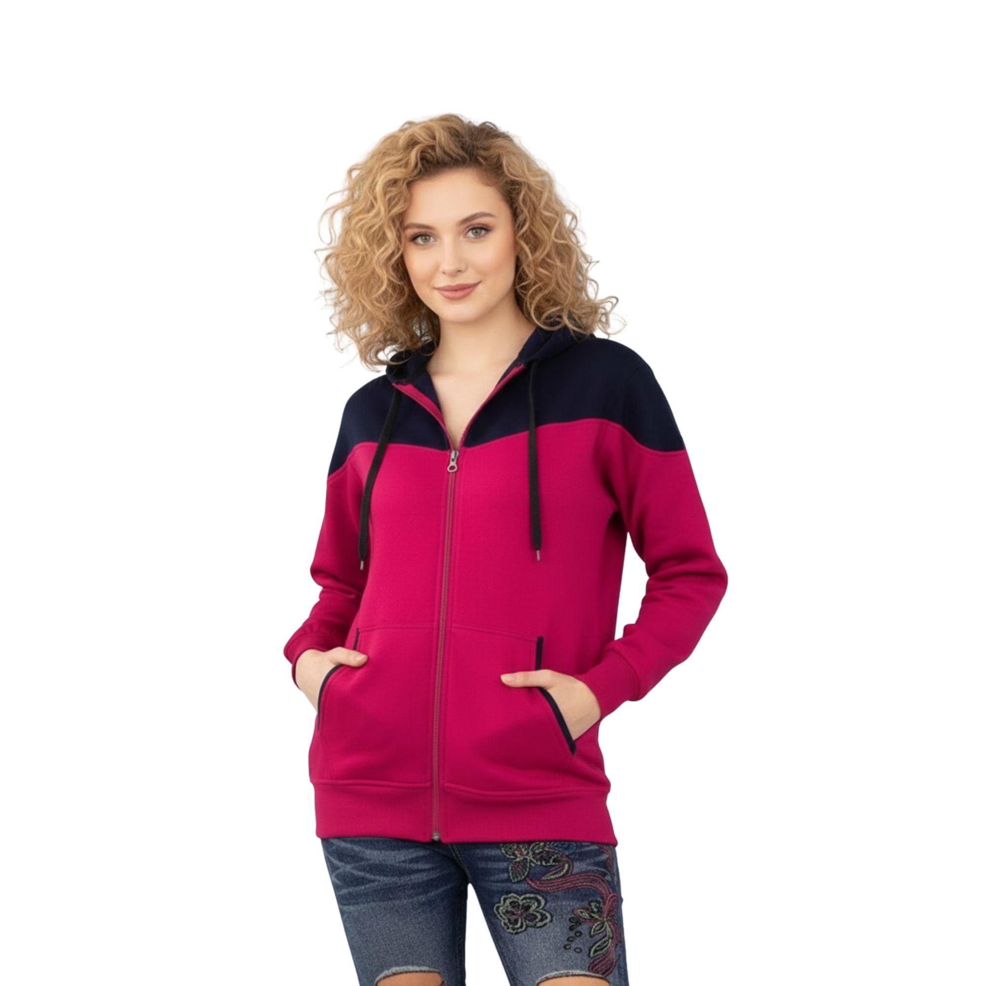 Women Wool Hooded Zip Closure Full Sleeve Winter Sweatshirt and Contrast Yoke with Front Pockets Design-picture-25