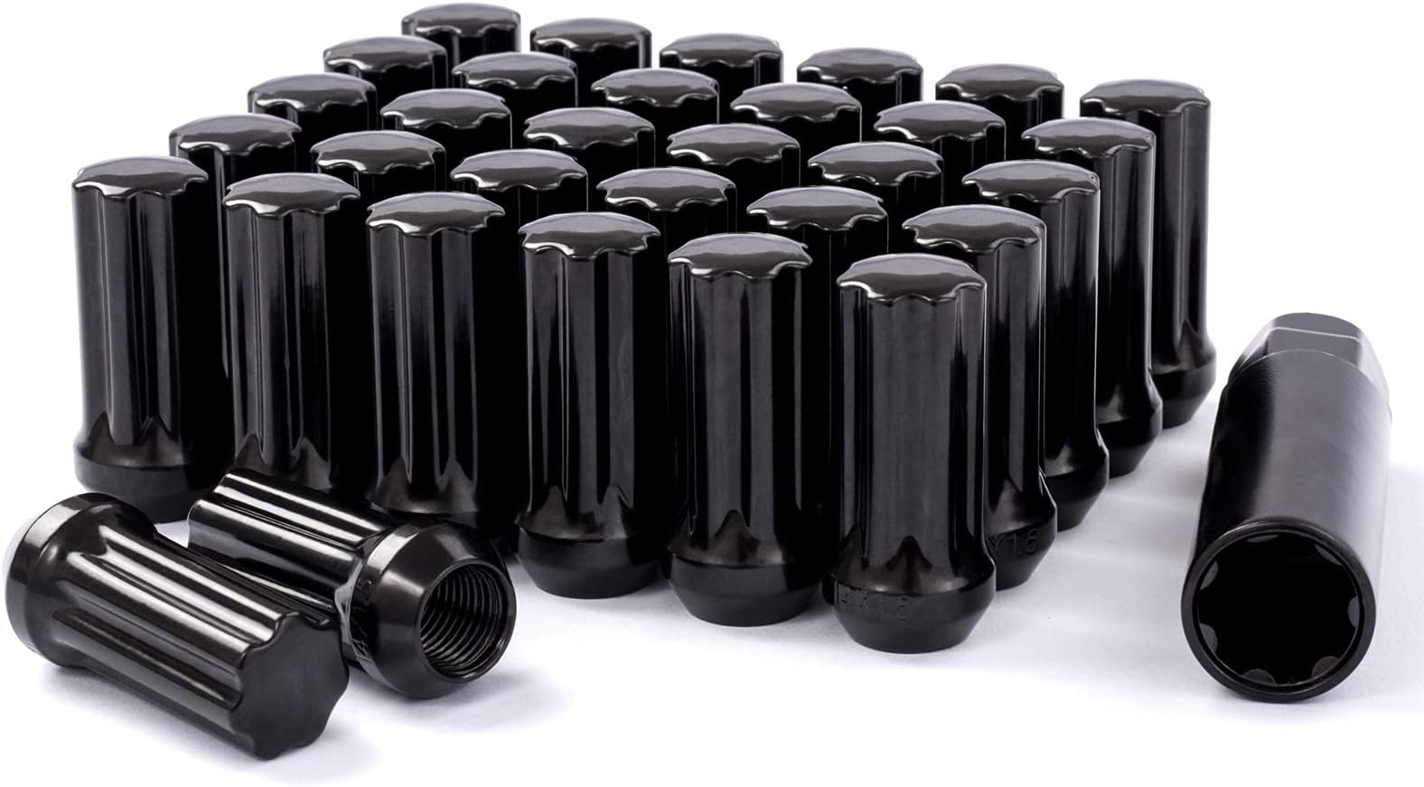 DCVAMOUS 32 PC 14x1.5 Lug Nuts Black 7-Spline Compatible with Chevy GMC 8 Lug Aftermarket Wheels - M14x1.5 Extended Lugnuts 2" Tall Cone Seat with Key for Sierra Silverado Suburban Express 2500 3500