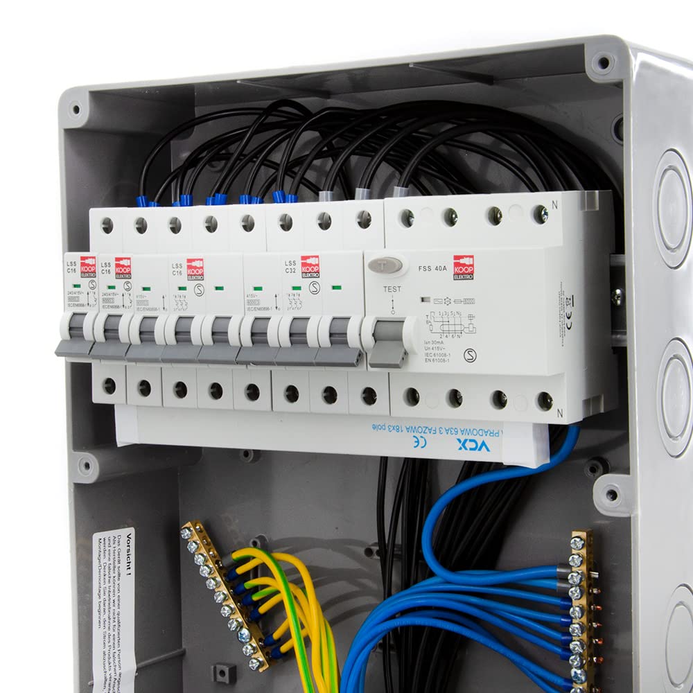 ELS Elektrotechnika Distribuidor de pared con interruptor FI y Schuko 4 x 230 V + 2 interruptores LS, 2 x CEE 16 A, 1 x CEE 32 A, enchufes, asegurado, cableado, listo para conectar para garaje,