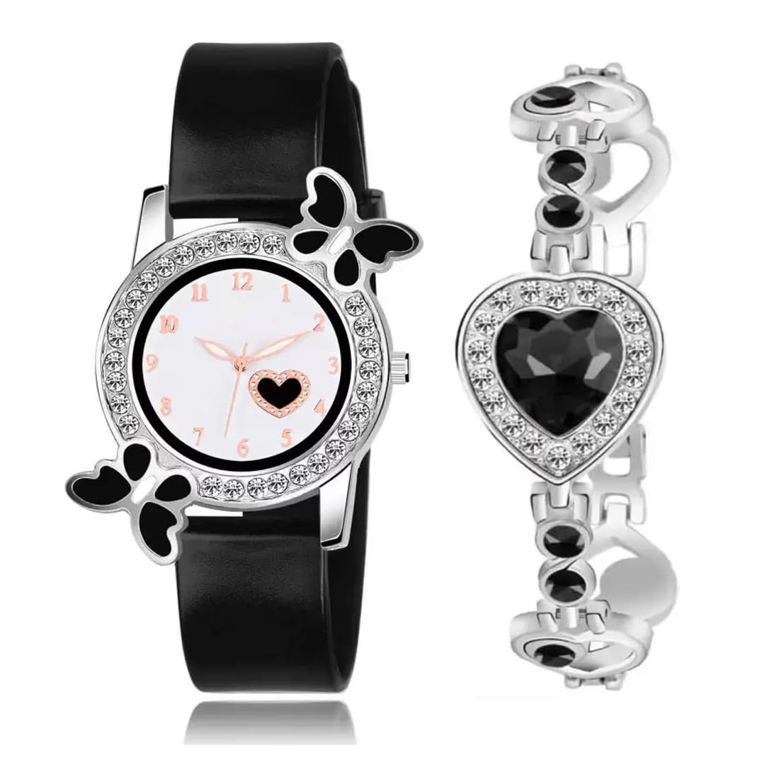 GOLDENIZE FASHION Branded Stylish Love Flower Dial Wrist Watch for Womens and Sisters Watch with Heart Shape Bracelet Watch for Girls &Women Best for Gift-Pack of 2 (Black) (B0CG3DB5KK) Amazon Price History, Amazon Price Tracker