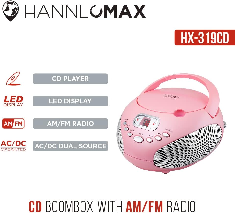 HANNLOMAX HX-319CD Portable CD Boombox, AM/FM Radio, LED Display, Aux-in Jack, AC/DC Dual Power Source. (Pink)