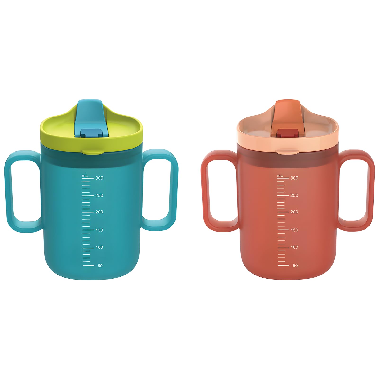 Générique Lot de 2 gobelets d’apprentissage pour enfant, 300 ml, avec 2 poignées, bec canard et graduation, gobelet PP pour lait et eau, bleu ciel et corail, tasse d’apprentissage Young One