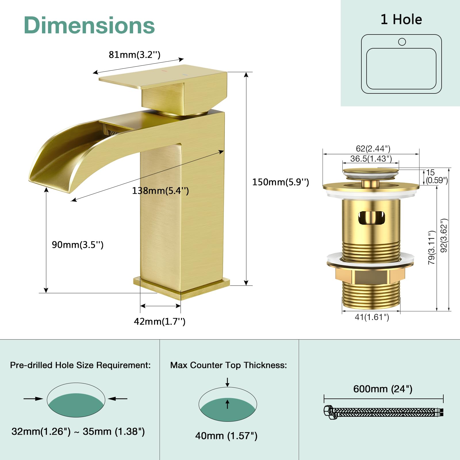 Faustina Rubinetto per Lavabo da Bagno Cascata e Piletta Pop Up con Troppopieno, Miscelatore Monocomando per Bagno Quadrato, oro