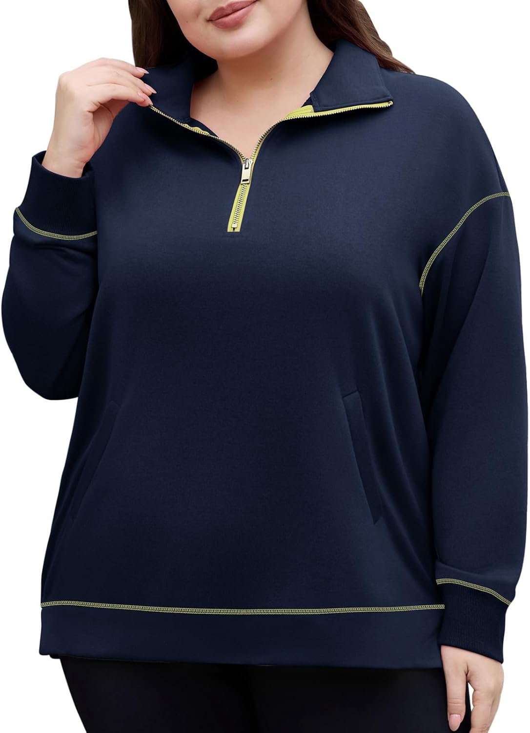 Unsenthy Plus Size Sweatshirt for Women Quarter Zip Pullover Tops Casual Long Sleeve Oversized Sweaters with Pockets XL-5XL