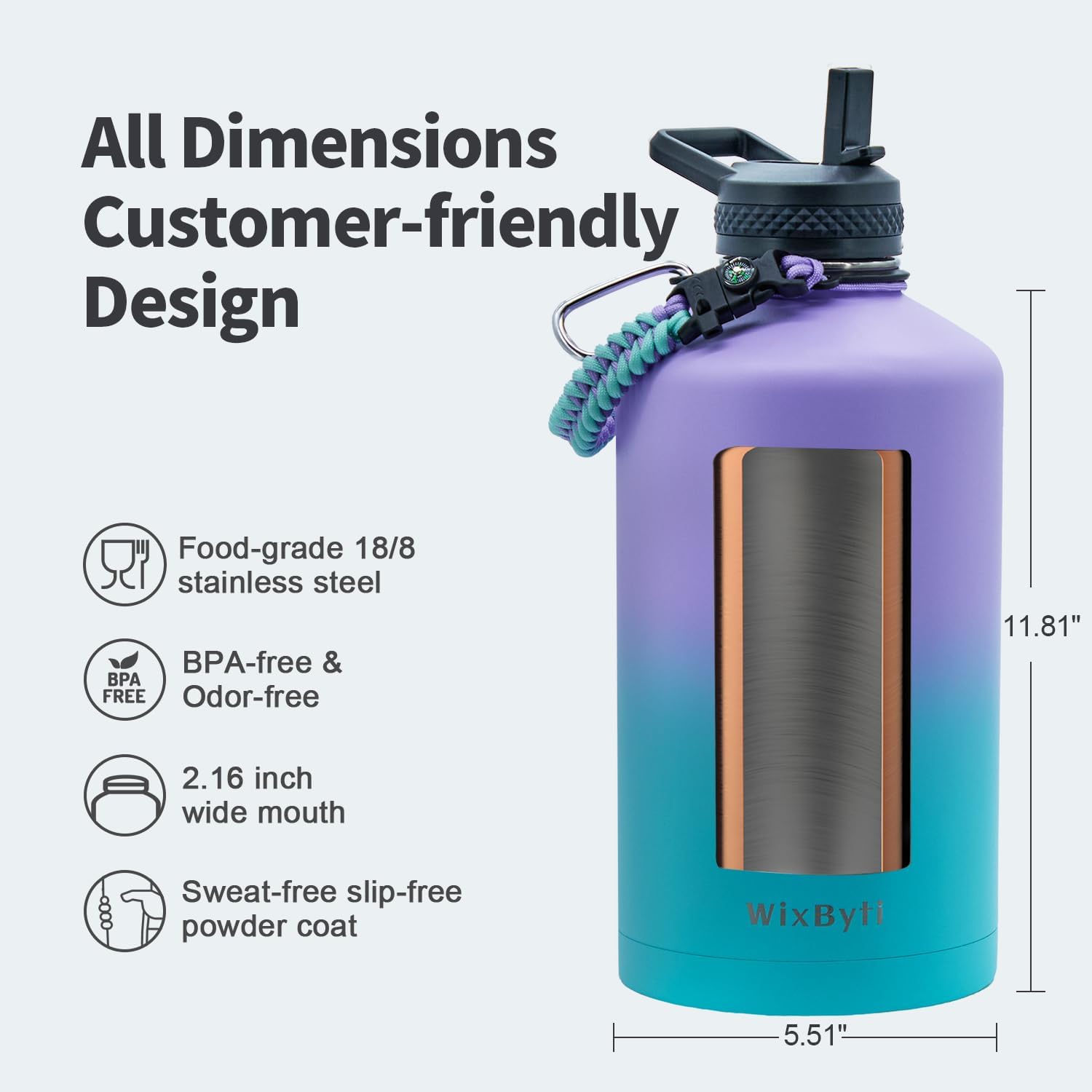 One Gallon Water Bottle Insulated, Triple Wall Vacuum Cold for 48 Hrs & Leak-proof & Non-BPA, 128oz Large Sports Stainless Steel Water Jug with Paracord Handle Straw Spout Lids & DIY Stickers - Image 6