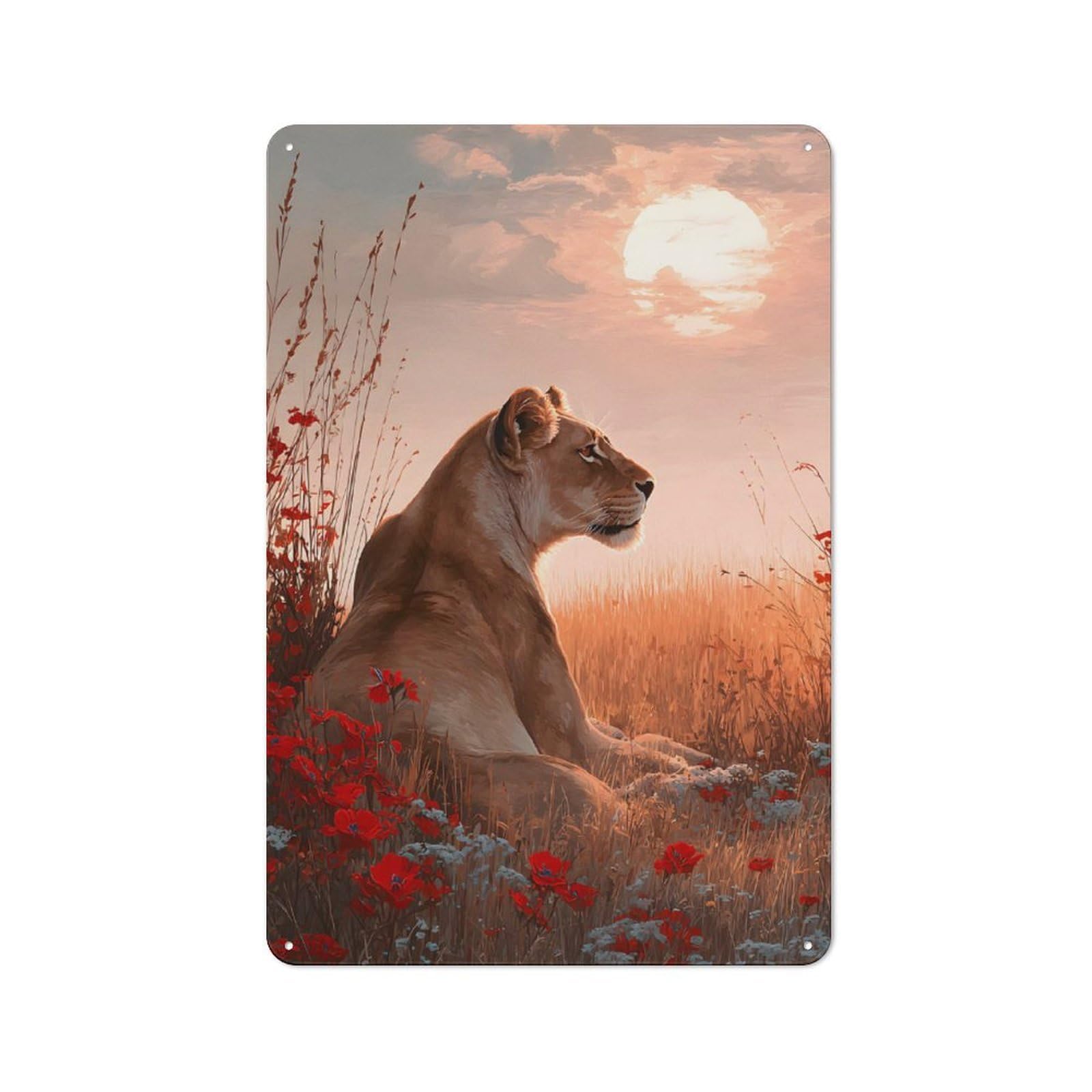 Junmoney Lioness In A Field Of Flowers Vintage Metal Sign 30X20cm, Bistro Style Shop Wall Decor For Tea Room, Shop Wall Or Breakfast Area