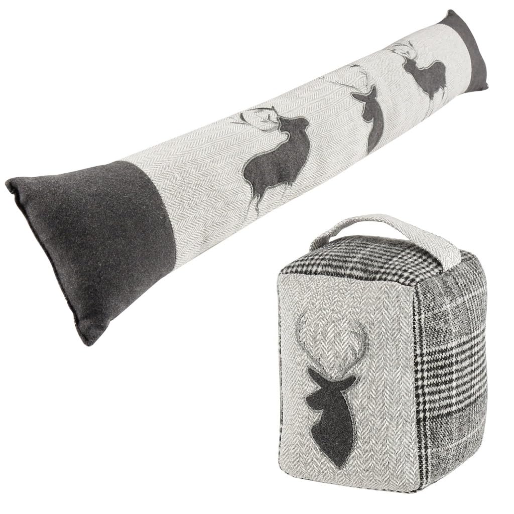Dibor Grey Fabric Doorstop & Door Draught Excluder Set Embroidered Stag Herrinbone Tweed Design Home Accessory Gift