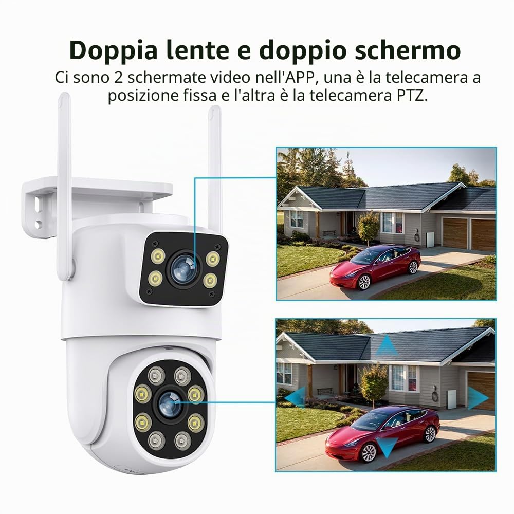Telecamera Wi-Fi Esterno con Doppia Lente, 6 MP Telecamera Esterna IP PTZ Videocamera Sorveglianza 360° Telecamera di Sicurezza + 64 G Scheda SD Audio Bidirezionale Visione Notturna Tracciamento Auto