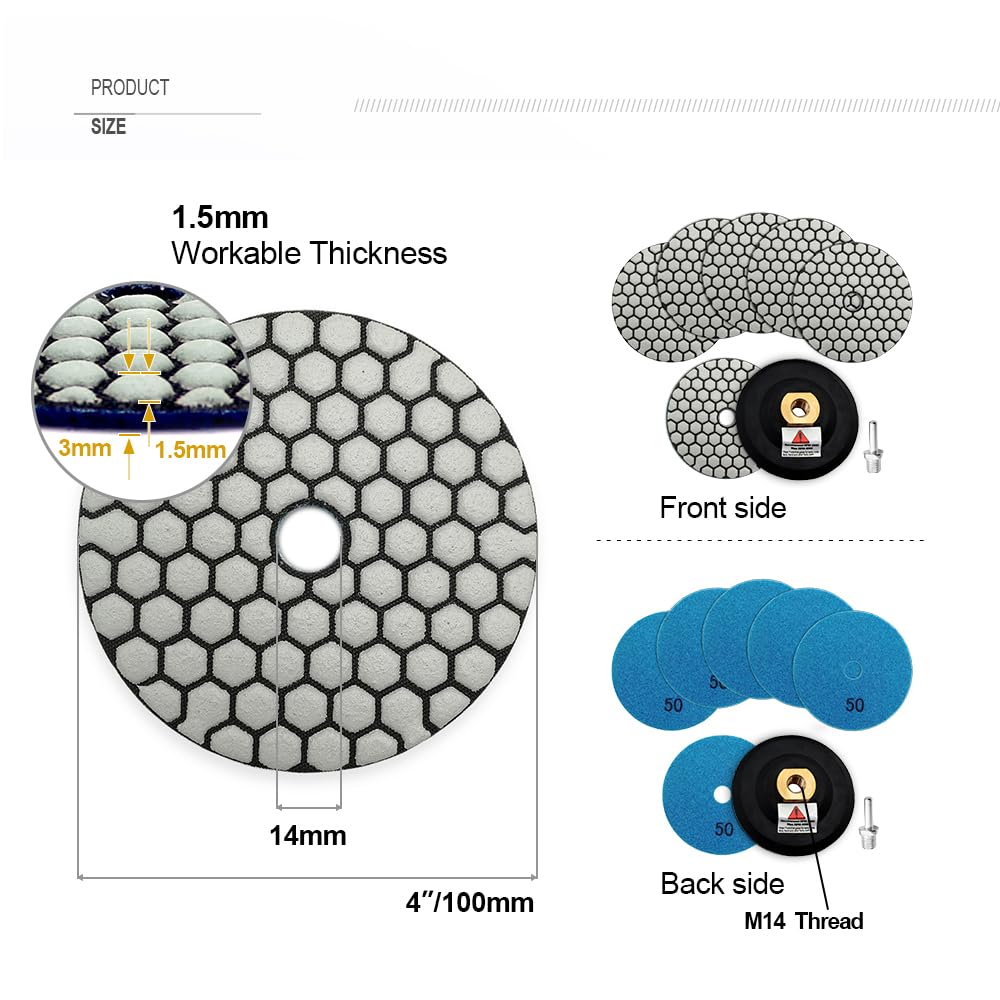 SHDIATOOL Trocken-Diamant-Polierpads Korn 50 6Stück und Gummi Backer Pad (1Set) Mit Rundschaft 100MM Beton Diamantschleifscheiben Marmor Granit Stein polieren