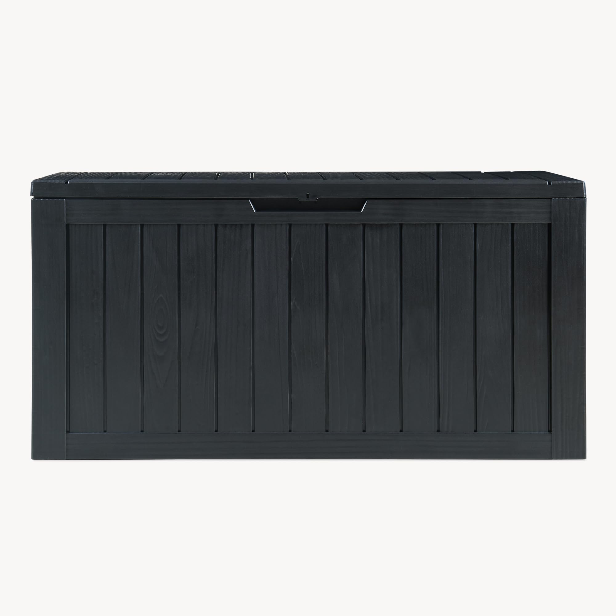 casa.pro Vades skrzynka ogrodowa z pokrywką, 117 x 47 x 59 cm, odporna na warunki atmosferyczne, 300 l, zamykana, na poduszkę, do użytku na zewnątrz, kolor czarny, wygląd drewna