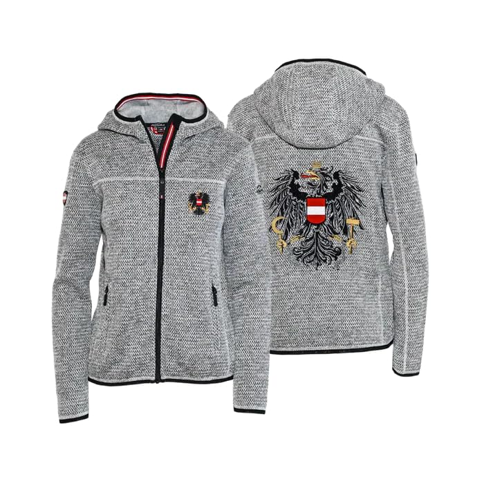 Hoamatkult Kultjacke Damen – Österreich Strickfleece mit Kapuze, taillierter Schnitt, mit Adler-Stickerei – perfekt zur Lederhose & Jeans (S, Grau-Strick)
