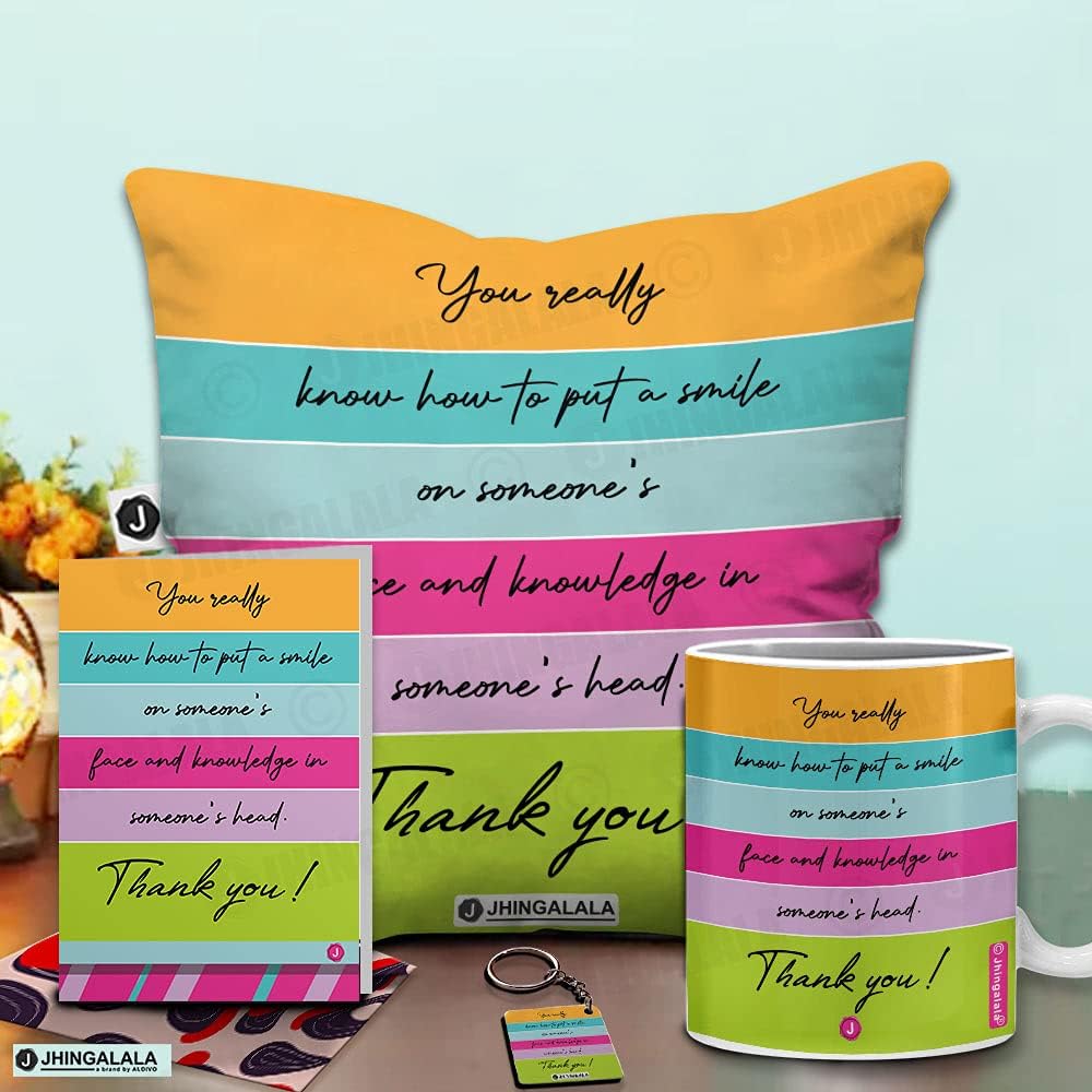 Jhingalala Gift for Teachers | Printed Cushion Cover with Filler, Coffee Mug, Key Chain and Greeting Card | Combo Gifts for Teacher, Sir, Madam for Teacher's Day (2458)