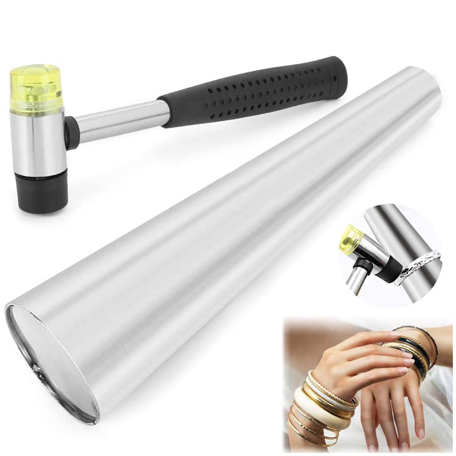 1 Set Spanndorn mit Gummihammer, runder Edelstahlstab, Armreifen, Messwerkzeug für Schmuck, Zwei-Wege-Gummihammer, Schmuckherstellung, Metallformwerkzeug für Männer und Frauen