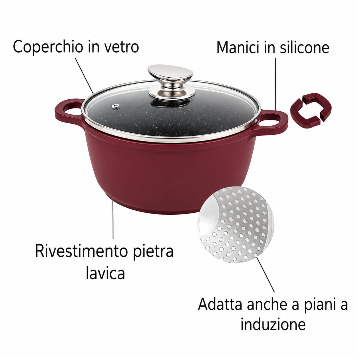 Set di Pentole 23 Pezzi Antiaderente con Coperchi in Vetro Batteria di Pentole e Padelle con Manici Removibili, Mestoli in Silicone Adatte a Tutti i Piani di Cottura, Induzione Inclusa (Rosso)