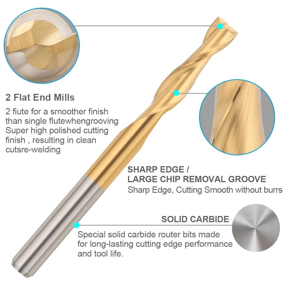 4mm 6mm 8mm 10mm 12mm Shank Milling Cutter 2 Flute Carbide End Mill Carbide TiN Coated Endmill CNC Router Bit for Woodworking(8x8x45x90mm)