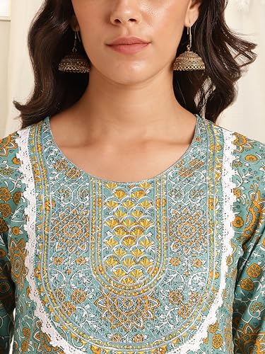 Image of MIRCHI FASHION Pure Cotton Women Straight Print & Thread Embroidery Kurti Set with Dupatta & Pant