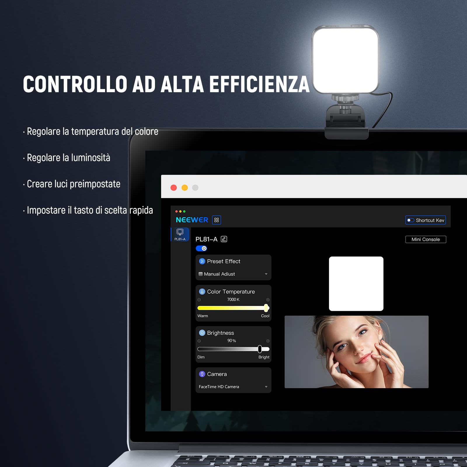 NEEWER Luce LED Streaming Professionale a USB con Controllo APP Laptop Mac/PC, 2 in 1 Stand per Monitor, 2900K-7000K Toni Ampi Selfie Luce Video per Webcam Computer Zoom Videoconferenze, PL81 PRO