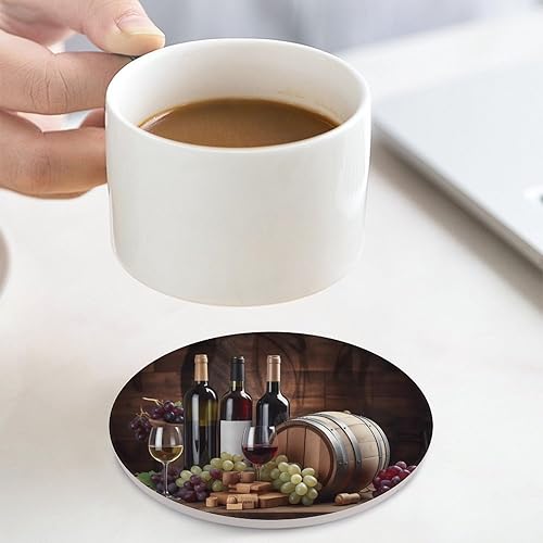 Miniatura 8 de Round-4 posavasos de cerámica para vino tinto, posavasos redondos absorbentes para bebidas, estilo vintage de madera, vino tinto, uvas, frutas y