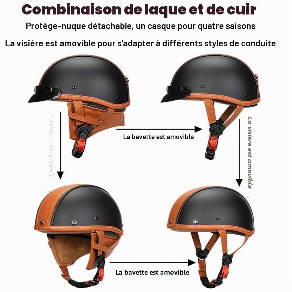 Demi Casque De Moto avec Lunettes Léger Casque Jet Rétro, Demi-Casque Moto Cuir Vintage Homologué ECE, Boucle à Dégagement Rapide Réglable Casque Ouvert pour Scooter Vélo Cruiser