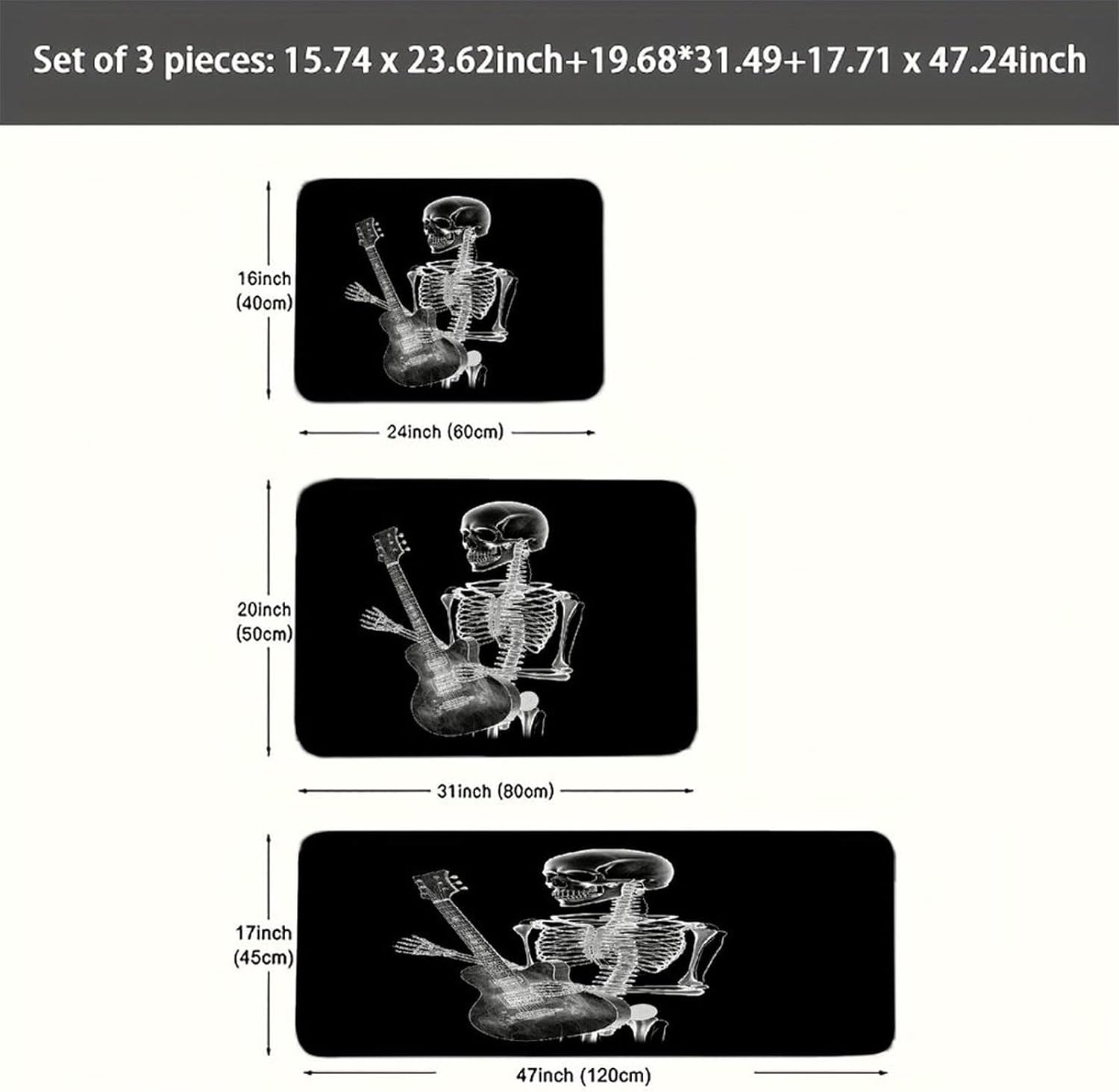 Abstract X-ray Skull Skeleton Playing Guitar Kitchen Mats Soft Absorbent Rugs for Floor Non Slip Washable Kitchen Mats Fashion Rectangular Rugs for Three-Piece Set for Laundry Office Home Sink