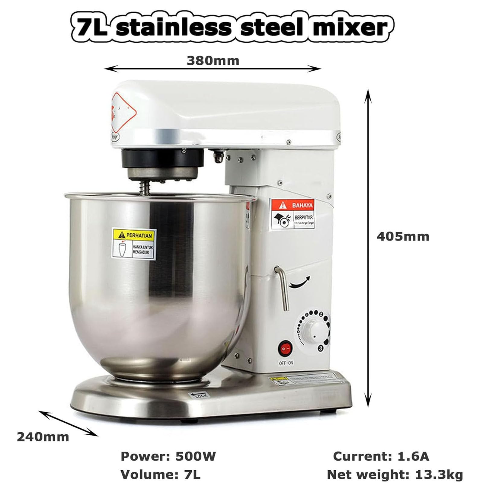 Wielofunkcyjny mikser stojący 5 l/7 l/10 l, elektryczny mikser kuchenny, mikser kuchenny z hakiem do ciasta, trzepaczką, ubijakiem, odchylaną głowicą i antypoślizgową podstawą do ciast 7L-White