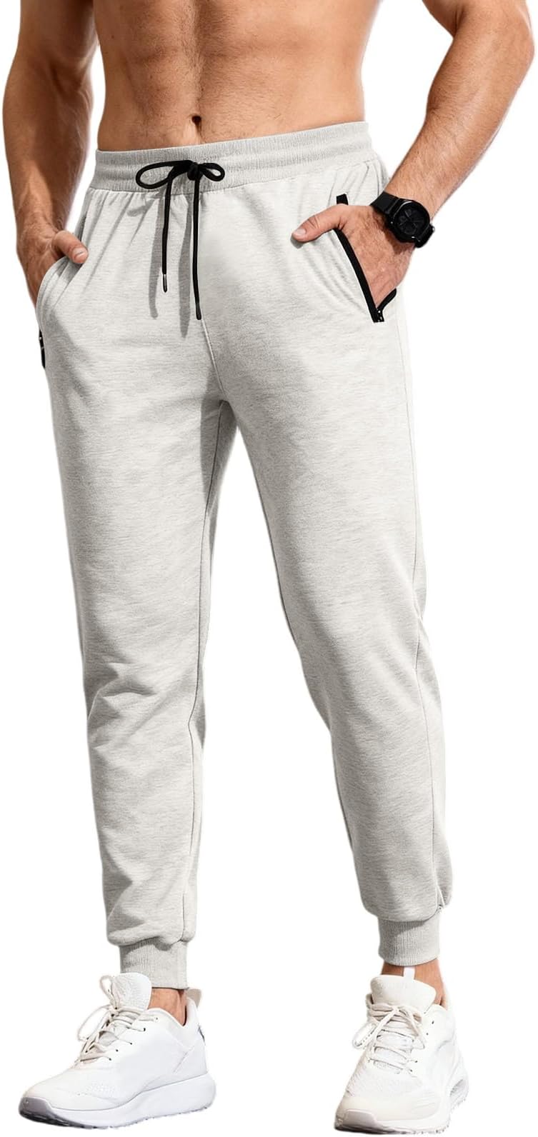 Men Jogger Sweatpants Drawstring Waist Athletic Workout Pants with Zipper Pockets Tapered Fit for
