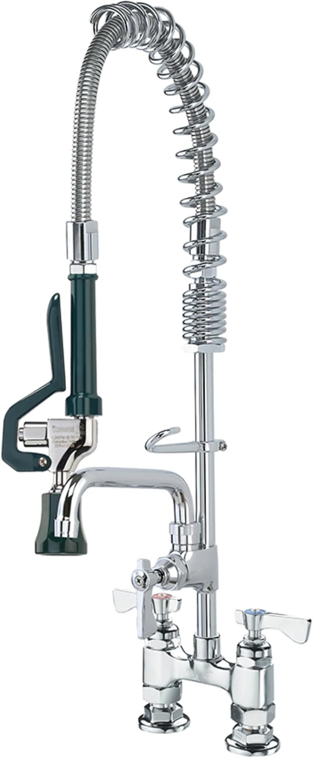 Krowne 18-406L Royal Series 4" Raised Deck Mount Space Saver Pre-Rinse Assembly Add-On Faucet, 6" Spout, 4" Centers, Spring Action Flexible Gooseneck, 1/2" NPT Female Inlets, 1.15 GPM Spray Head