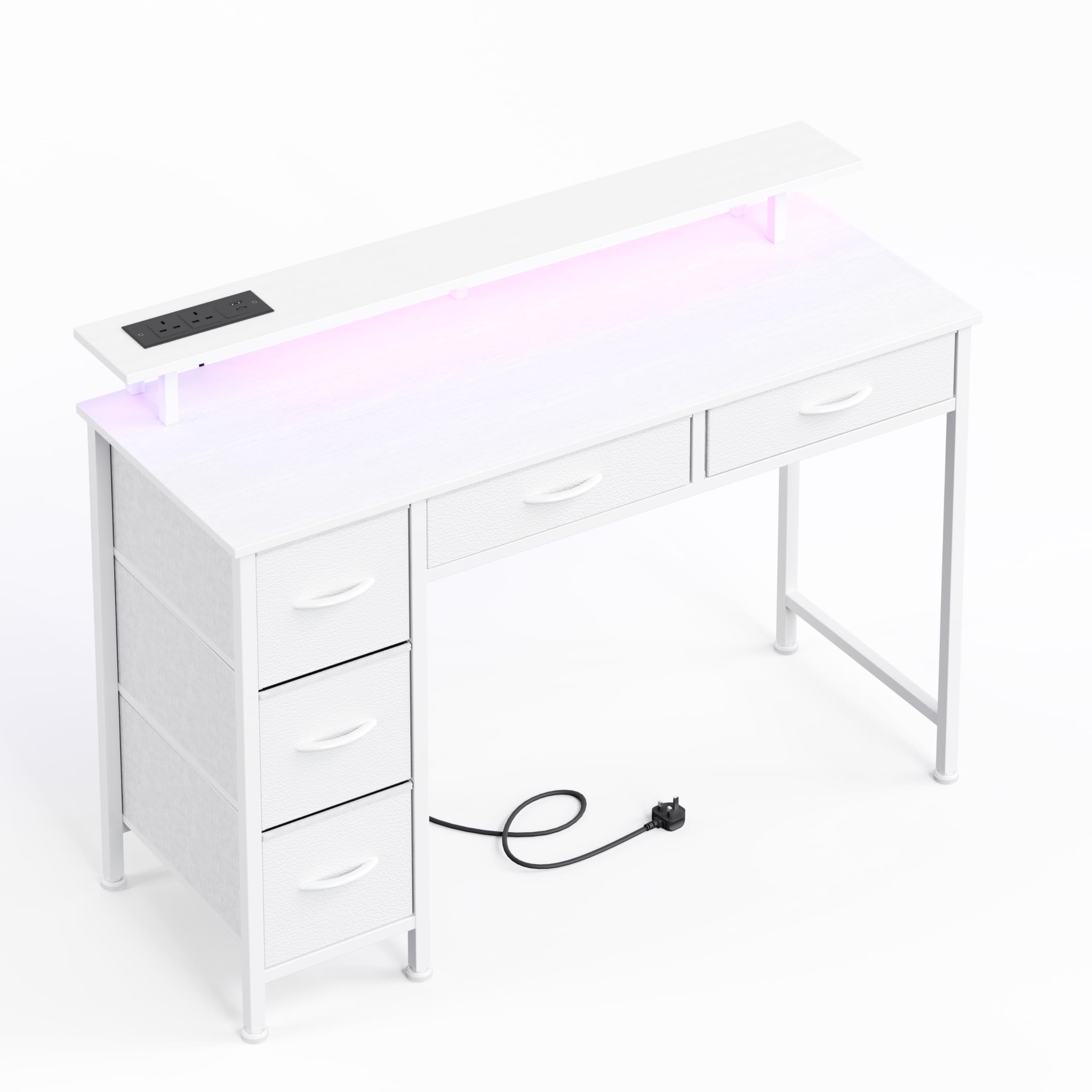 MUTUN 100CM Computer Desk with 5 Fabric Drawers, Gaming Desk with LED Lights & Power Outlets, Home Office desk with Monitor Stand, Work Desk with USB Charging Port, White