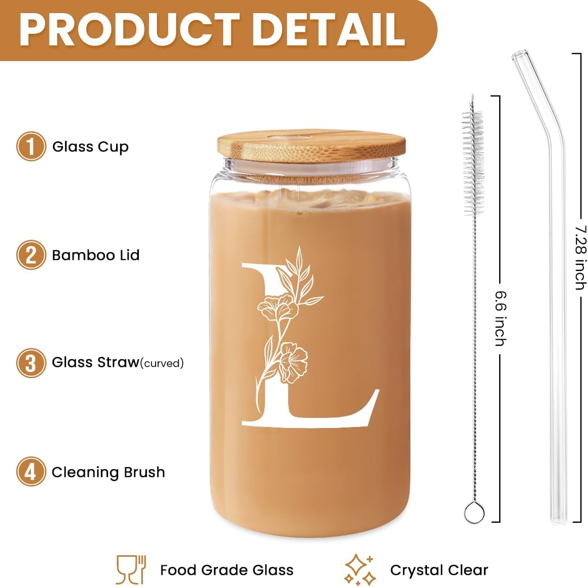 SANDJEST Monogrammed Gifts for Women - Monogram L Initial Glass Cup 16 Oz Can Coffee Cups with Lid and Straw - Monogram Initials Gifts for Womens on Birthday - Image 2