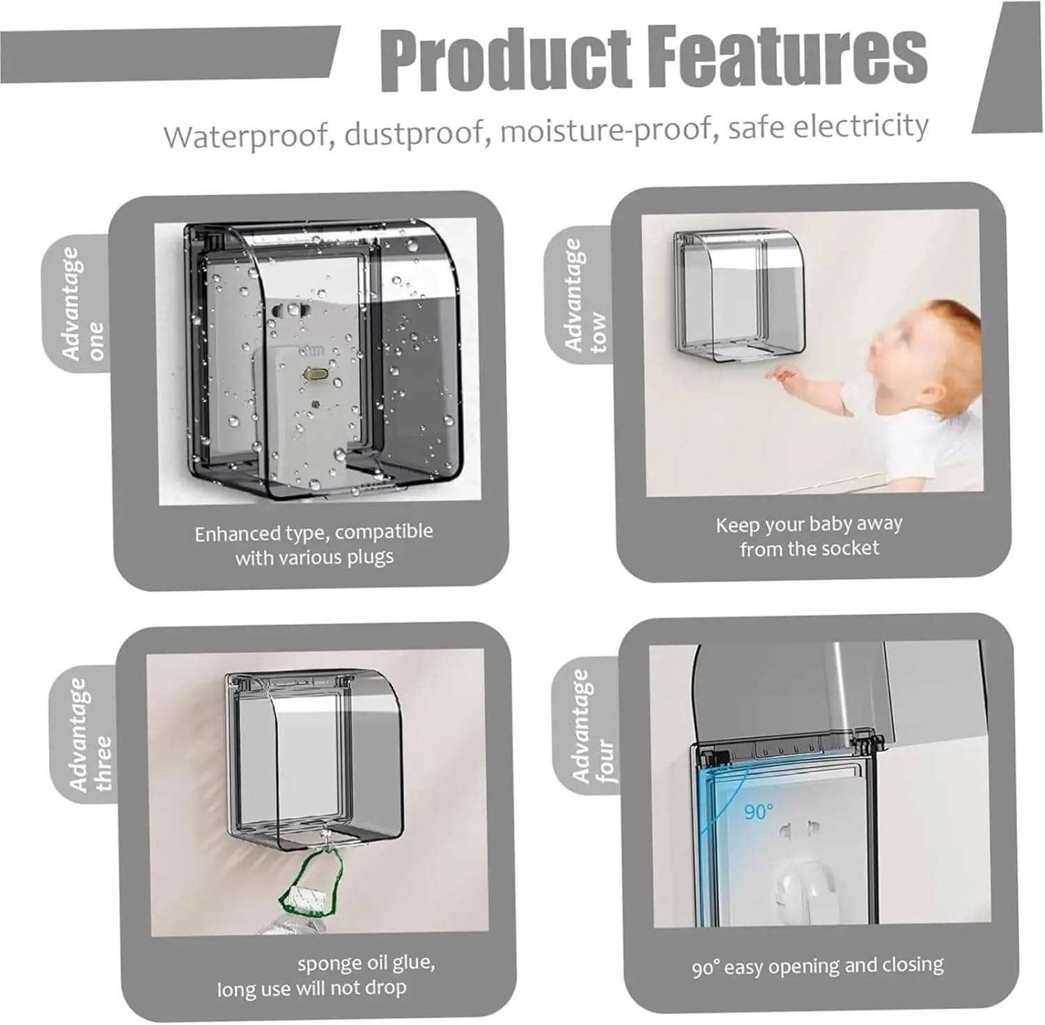 locking outlet cover 3pcs Portable Self-Adhesive Switch Protective Cover Waterproof Kids Safety Electric Plug Cover Power Outlet Socket Protector(Black)