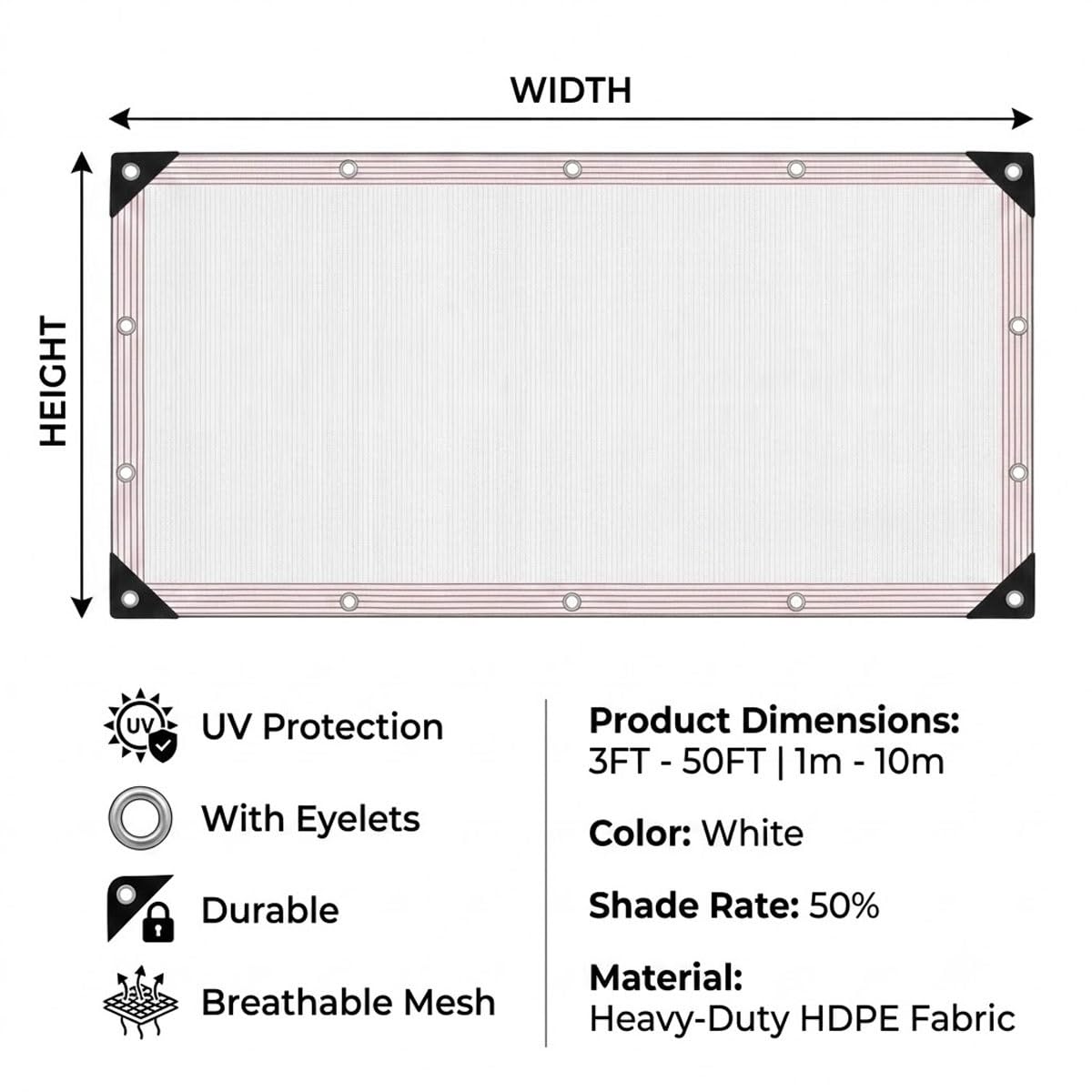 Rete Antigrandine, 50% Rete Ombreggiante Esterno, Bianco Telo Ombreggiante con Occhielli, Traspirante Vela da Sole per Orto Balcone Serra Giardino Hdpe Tenda da Ombra 3x4 5x5 6x10(3x5m)