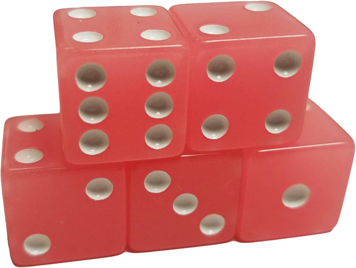 Set of 5 Pink Peach 6 Sided Dice Glow in The Dark Round Corner 16mm in Snow Organza Bag
