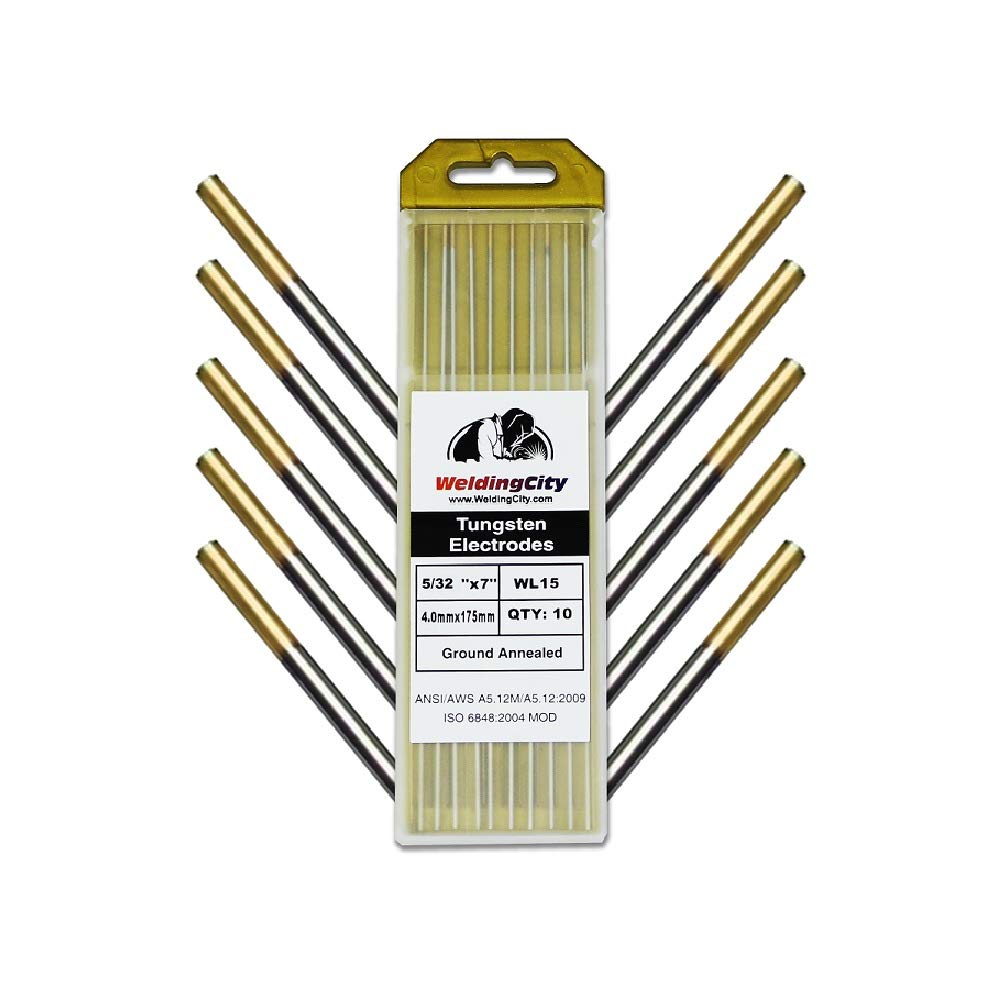 WeldingCity 10 electrodos de tungsteno para soldadura TIG de alta calidad, 1,5% lantanado (dorado, EWLa15) 0.15 x 7 pulgadas, 10 unidades
