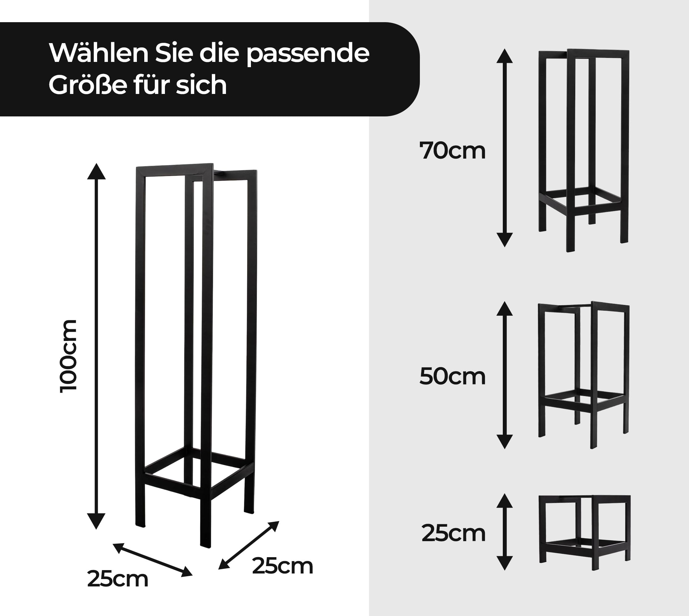 Kapaga Kaminholzregal aus Metall 25x25x70 cm schwarz – vollständig geschweißt ohne Verschraubung und ohne Montage – pulverbeschichtet kratzfest witterungsbeständig – Kaminholzständer innen